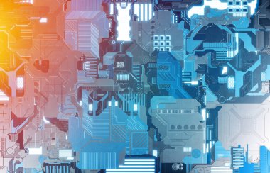 Fütüristik mavi ve turuncu teknoloji paneli arka plan ile lots-in de