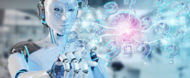 Cyborg dijital soru işaretleri 3d render ile sorun çözme