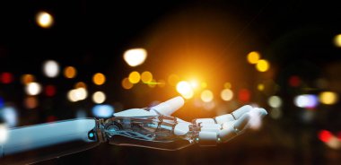 Beyaz cyborg onun el 3d render açma