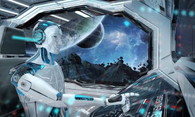 Robot bir beyaz modern uzay gemisi galibiyetle uçan bir kontrol odasında