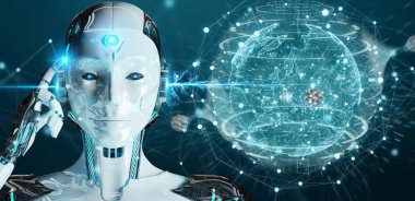 Beyaz kadın cyborg Planet Earth arabirimi 3d işleme kullanarak