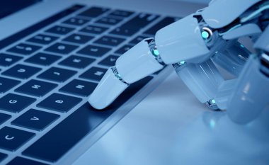 Bir dizüstü bilgisayar 3d render bir klavye tuşuna basarak cyborg el