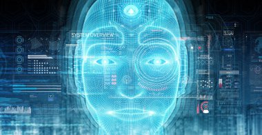 Robot adam cyborg yüz yapay zeka temsil eden 3d 