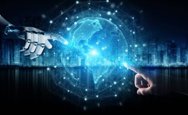 Robot ve insan el dijital dünya 3d render dokunmadan