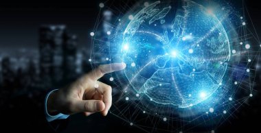 Avrupa harita küre ağ hologram 3d rend kullanarak işadamı el