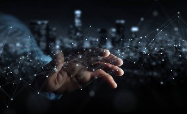 Nokta ile yüzen dijital ağ bağlantılarını kullanan işadamı