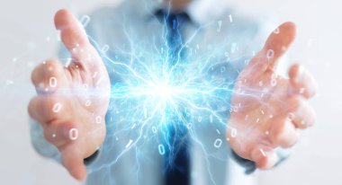 İşadamı yenilenebilir ve sürdürülebilir eko enerji 3d ren oluşturma