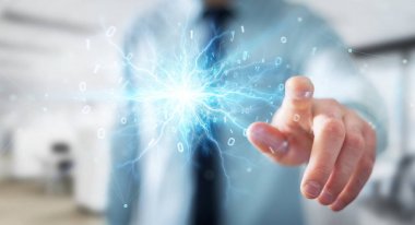 İşadamı yenilenebilir ve sürdürülebilir eko enerji 3d ren oluşturma