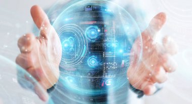 Verileri 3D ile dijital teknolojik arayüz kullanan işadamı 