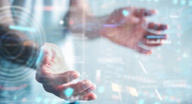 Verileri 3D ile dijital teknolojik arayüz kullanan işadamı 