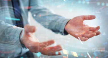 Verileri 3D ile dijital teknolojik arayüz kullanan işadamı 