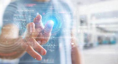 Verileri 3D ile dijital teknolojik arayüz kullanan işadamı 