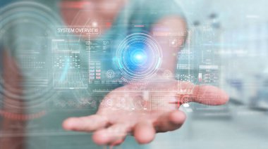 Verileri 3D render ile dijital teknolojik arayüz kullanan kadın