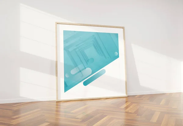 Quadro de madeira inclinado em interior branco brilhante com piso de madeira — Fotografia de Stock