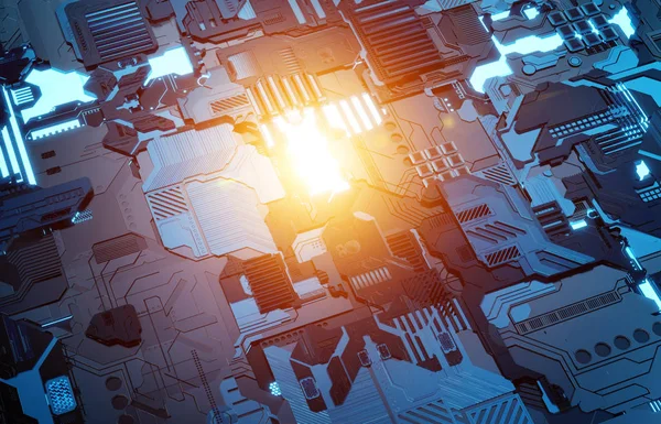 Fütüristik mavi ve turuncu teknoloji paneli arka plan ile lots-in de