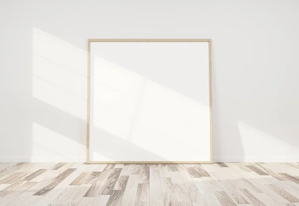 Struttura in legno pendente in luminoso interno bianco con pavimento in legno — Foto Stock