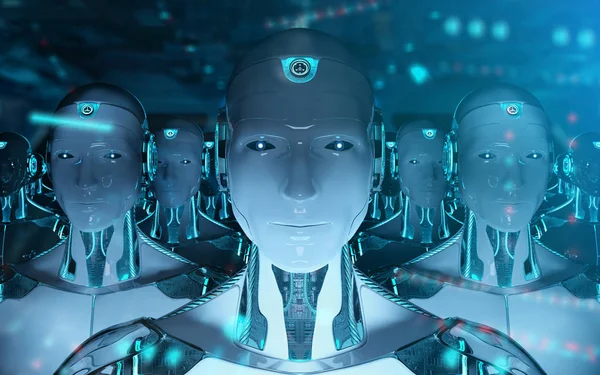 Группа роботов-мужчин за лидером киборгов армии 3D рендеринга — стоковое фото