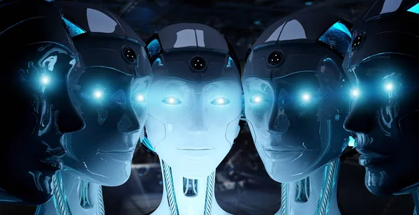 Skupina žen robotů v blízkosti navzájem cyborg armádní koncepce — Stock fotografie