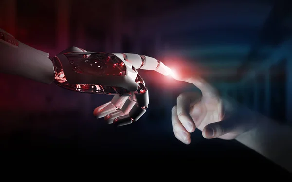 Mano del robot rosso che entra in contatto con la mano umana rendering 3D — Foto Stock