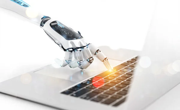Fehér robot cyborg kezét szorongató a billentyűzet-ra egy laptop 3d rende — Stock Fotó