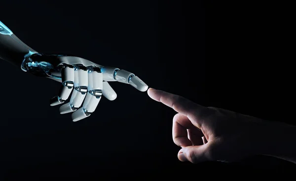 Robot hand making contact with human hand on dark background 3D — Stock Photo, Image