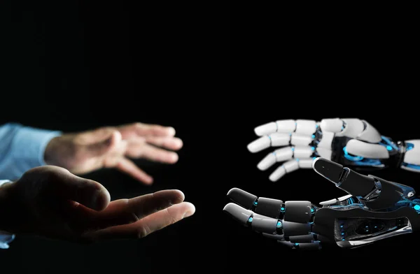 Robot ręka kontakt z ludzką ręką na ciemnym tle 3d — Zdjęcie stockowe