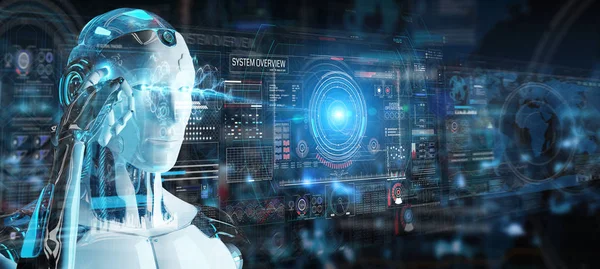 Robot humanoide blanco usando interfaz tecnológica digital con — Foto de Stock