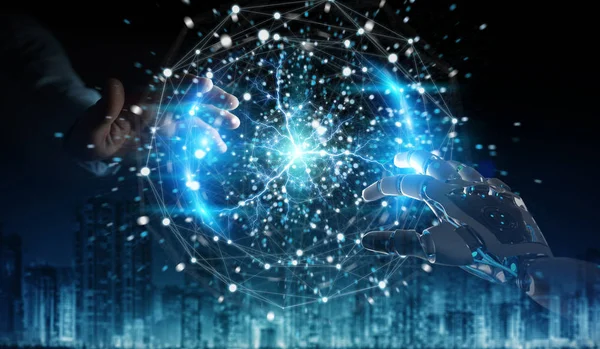 Robot ve insan el dijital küre ağ üzerinde dar dokunmadan
