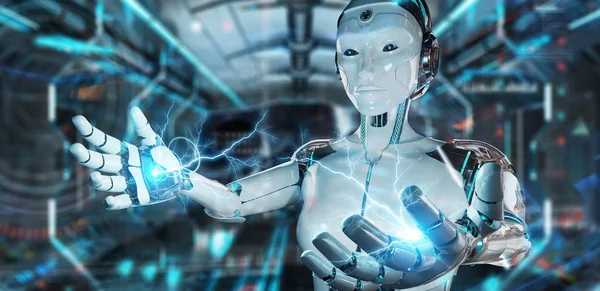 Robot umanoide bianco utilizzando l'interfaccia tecnologica digitale con — Foto Stock