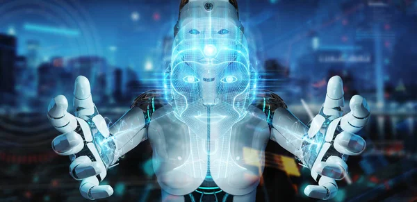 Vit robot använder digital artificiell intelligens Head Interfac — Stockfoto