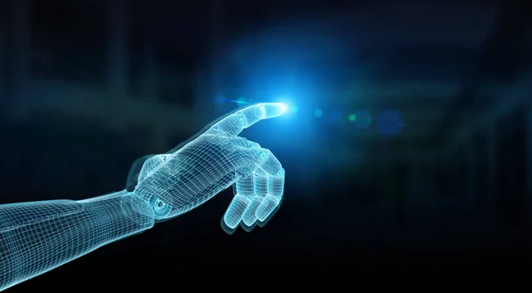 Проволочная синяя рука робота, указывающая пальцем на темный 3D рендеринг — стоковое фото