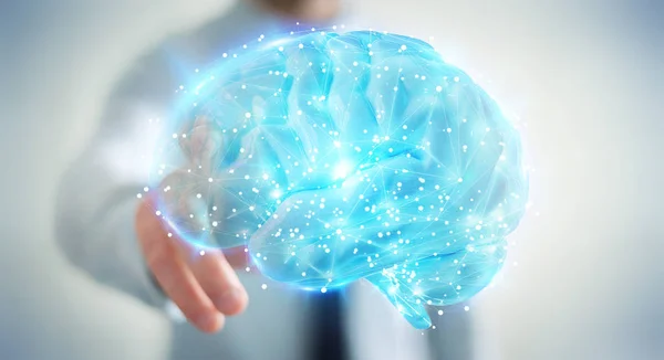 Empresário usando projeção 3D digital de um cérebro humano 3D rend — Fotografia de Stock