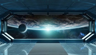 Koyu mavi uzay gemisi fütüristik iç planı üzerinde pencere Manzaralı