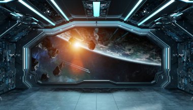 Koyu mavi uzay gemisi fütüristik iç planı üzerinde pencere Manzaralı
