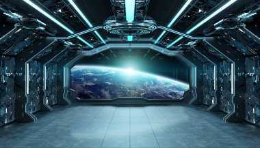 Koyu mavi uzay gemisi fütüristik iç planı üzerinde pencere Manzaralı