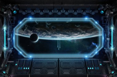 Büyük pencere görünümü 3d render ile karanlık uzay gemisi iç