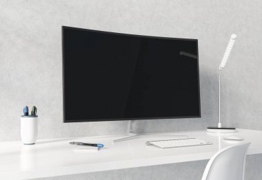 Beyaz masaüstü beton iç mockup 3d rend kavisli monitör