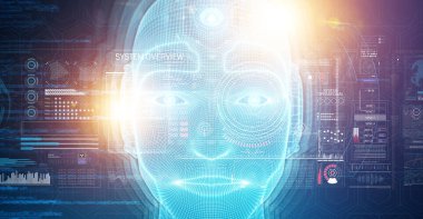 Robot adam cyborg yüz yapay zeka temsil eden 3d 