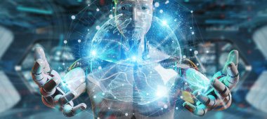 Avrupa haritası 3d rend ile küre ağ hologramı kullanarak beyaz robot
