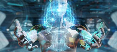Dijital yapay zeka kafa Interfac kullanarak beyaz robot
