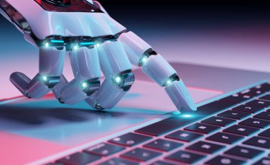 Robot el bir dizüstü 3d render bir klavye tuşuna basarak