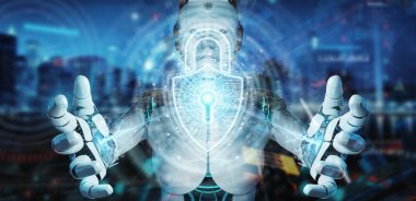 Dijital güvenlik asma kilit holog ile verileri koruyan beyaz robot