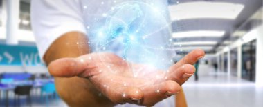 İşadamı Amerika'yı kullanarak Amerika haritası küre ağ hologram 3d rend