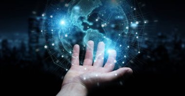Amerika ABD harita dünya ağ hologram 3D kullanarak işadamı el