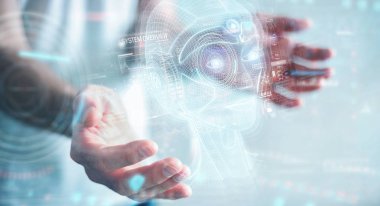 Dijital yapay zeka kafa arayüzünü kullanan işadamı