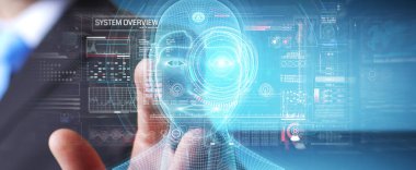 Dijital yapay zeka kafa arayüzünü kullanan işadamı