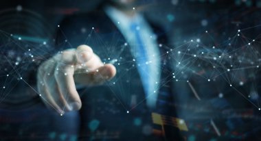 Nokta ile yüzen dijital ağ bağlantılarını kullanan işadamı