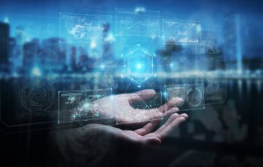 Verileri 3D ile dijital teknolojik arayüz kullanan işadamı 