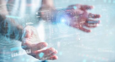 Verileri 3D ile dijital teknolojik arayüz kullanan işadamı 