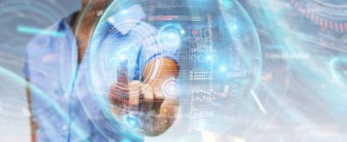 Verileri 3D render ile dijital teknolojik arayüz kullanan kadın